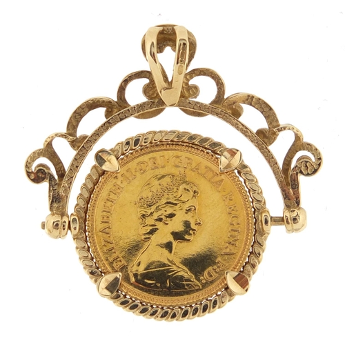 2882 - 1982 gold half sovereign with 9ct gold spinner pendant mount, approximate weight 7.6g