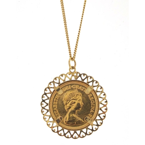 2883 - 1982 gold half sovereign with 9ct gold pendant mount and 9ct gold necklace,  approximate weight 7.4g