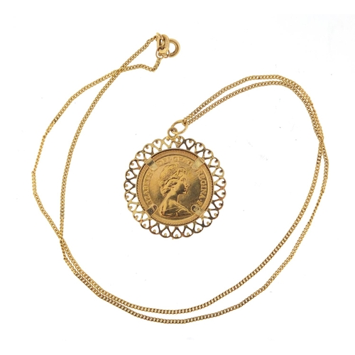 2883 - 1982 gold half sovereign with 9ct gold pendant mount and 9ct gold necklace,  approximate weight 7.4g