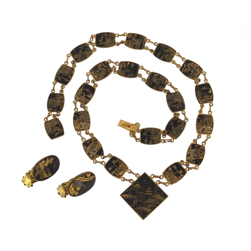 3084 - Vintage Japanese Damascene necklace and earrings, the necklace 41cm in length