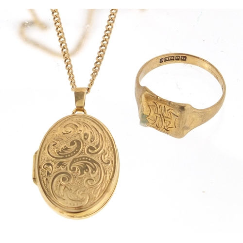 2899 - 9ct gold locket on 9ct gold necklace and a 9ct gold signet ring, size S, approximate weight 8.3g
