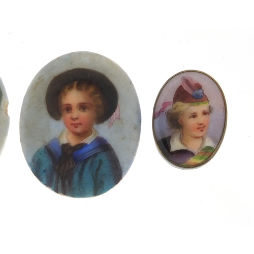 3063 - Four Victorian miniature hand painted porcelain portraits, the largest 3cm in length