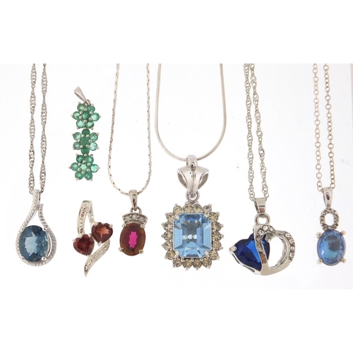 3033 - Ten silver semi precious stone pendants, six with silver necklaces, approximate weight 37.4g