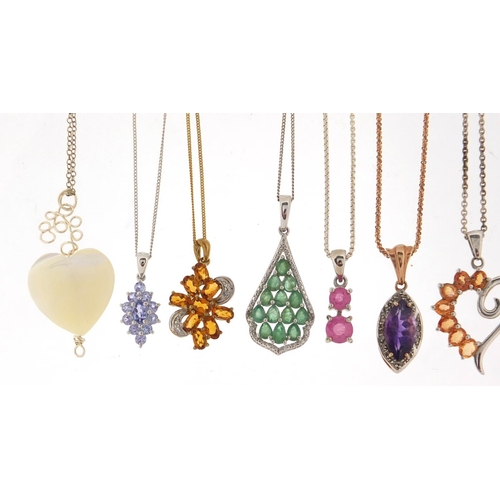 2898 - Ten silver semi precious stone pendants on silver necklaces, approximate weight 37.8g