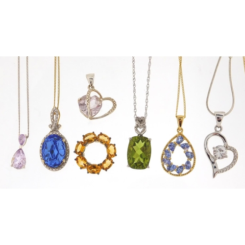 2916 - Ten silver semi precious stone pendants, eight with silver necklaces, approximate weight 40.0g