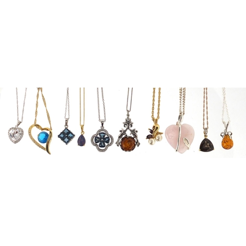3010 - Ten silver semi precious stone pendants on silver necklaces, approximate weight 62.8g