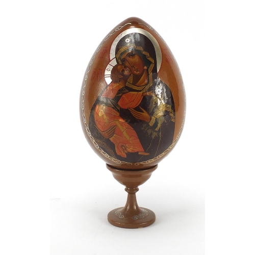2822 - Large Russian papier-mâché egg on stand hand painted with Madonna and child, 22.5cm high