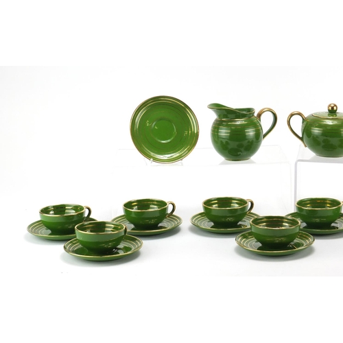 2486 - Vintage Italian green and gilt coffee service by Richard Ginori, the coffee pot 18cm high