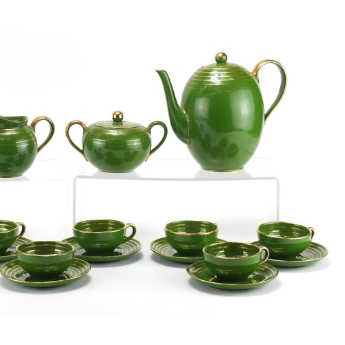 2486 - Vintage Italian green and gilt coffee service by Richard Ginori, the coffee pot 18cm high