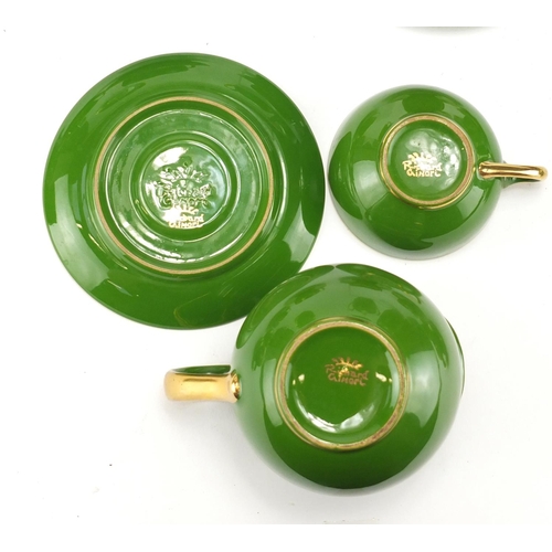 2486 - Vintage Italian green and gilt coffee service by Richard Ginori, the coffee pot 18cm high