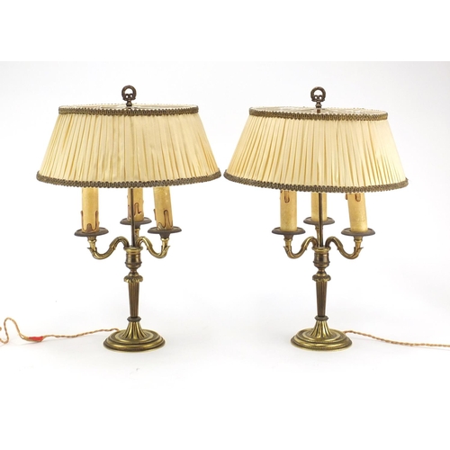 2040 - Pair of ornate gilt brass Bouillotte table lamps with silk lined pleated shades, each 44cm high