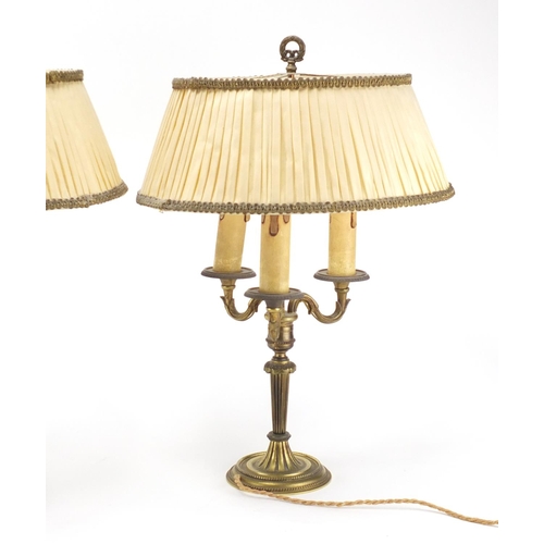 2040 - Pair of ornate gilt brass Bouillotte table lamps with silk lined pleated shades, each 44cm high