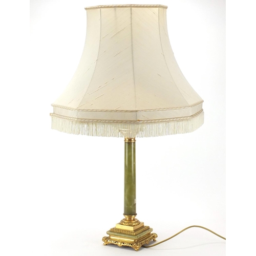 2465 - Green onyx and gilt metal table lamp with silk lined cream shade, 84cm high