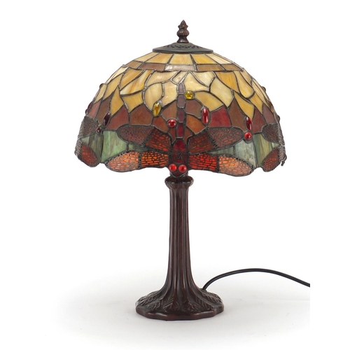 2454 - Tiffany style table lamp with leaded dragonfly shade, 44cm high