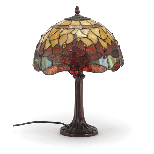 2454 - Tiffany style table lamp with leaded dragonfly shade, 44cm high