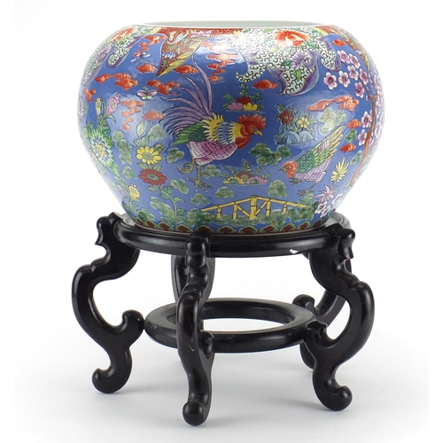 2184 - Large Chinese porcelain fish bowl on hardwood stand, finely hand painted in the famille rose palette... 