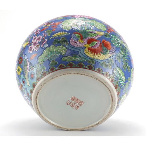 2184 - Large Chinese porcelain fish bowl on hardwood stand, finely hand painted in the famille rose palette... 