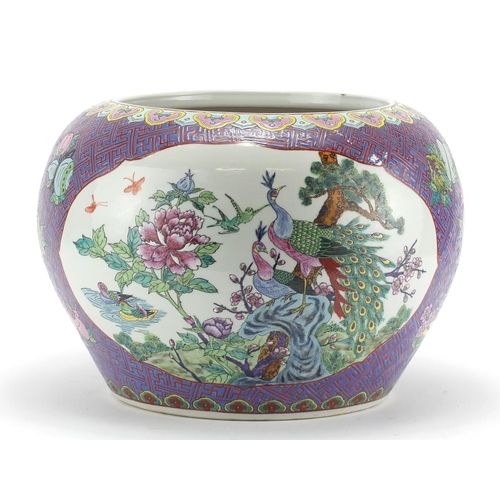 2228 - Large Chinese porcelain fish bowl, finely hand painted in the famille rose palette with panels of bi... 
