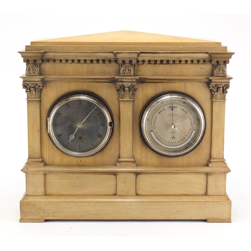 2186 - Victorian time piece and barometer with silvered dials inscribed Barnsdale of London, housed in a bl... 