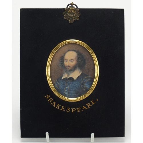 2723 - Oval hand painted portrait miniature of Shakespeare, housed in an ebonised frame, the miniature 7cm ... 