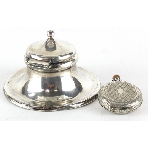 2846 - Circular silver capstan shaped inkwell and a ladies silver pocket watch with enamelled dial, the ink... 