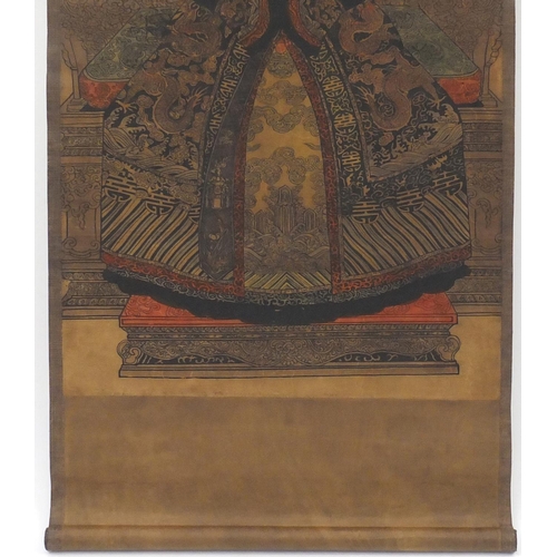 2328 - Pair of Chinese wall hanging scrolls depicting an Emperor and Empress, all with character marks, eac... 