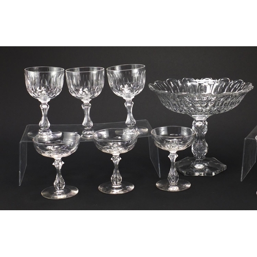 2436 - Cut glassware comprising a pedestal tazza with a set of six glasses and six others, the largest, 21.... 