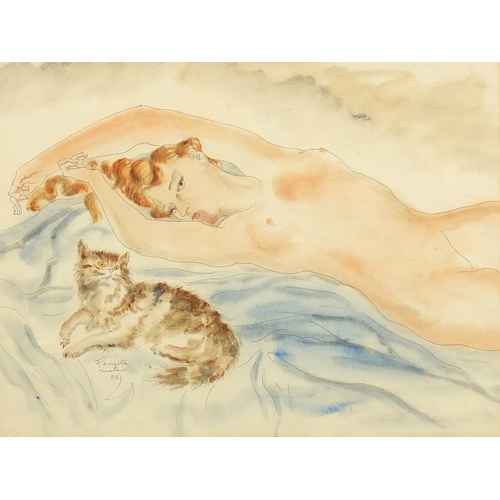 2106 - Attributed to Leonard Tsuguharu Foujita - Reclining nude female and a cat, ink and watercolour, date... 