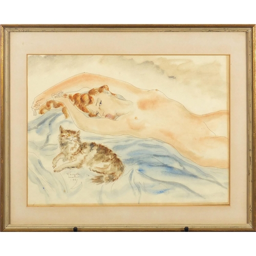 2106 - Attributed to Leonard Tsuguharu Foujita - Reclining nude female and a cat, ink and watercolour, date... 