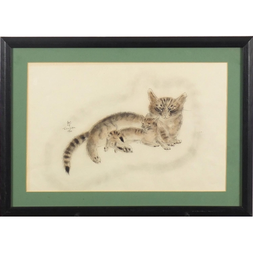 2107 - Attributed to Leonard Tsuguharu Foujita - Study of two cats, ink and watercolour, dated 1933, mounte... 