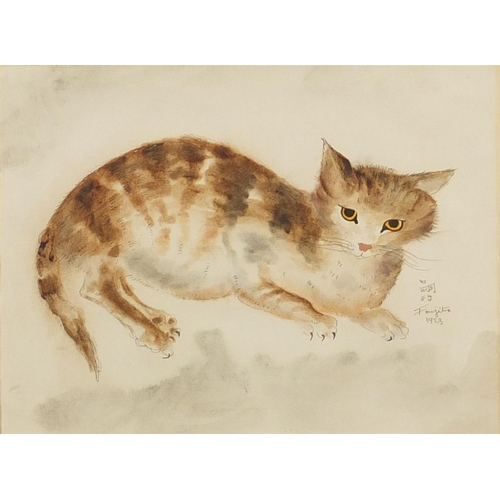 2109 - Attributed to Leonard Tsuguharu Foujita - Study of a cat, ink and watercolour, dated 1923, mounted a... 