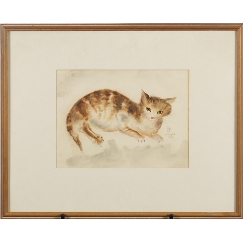 2109 - Attributed to Leonard Tsuguharu Foujita - Study of a cat, ink and watercolour, dated 1923, mounted a... 