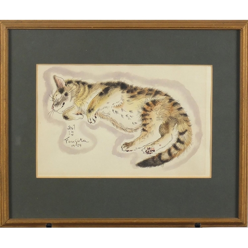 2112 - Attributed to Leonard Tsuguharu Foujita - Study of a sleeping cat, ink and watercolour, dated 1929, ... 