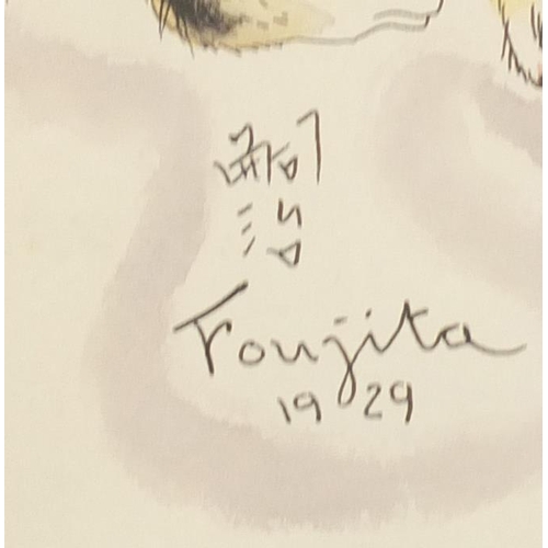 2112 - Attributed to Leonard Tsuguharu Foujita - Study of a sleeping cat, ink and watercolour, dated 1929, ... 