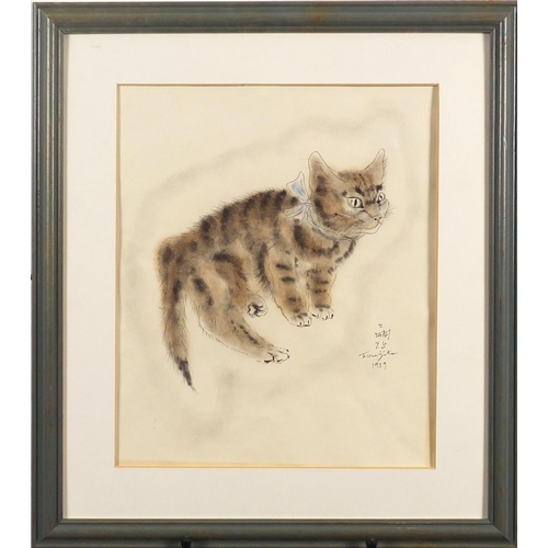2111 - Attributed to Leonard Tsuguharu Foujita - Study of a cat, ink and watercolour, dated 1929, mounted a... 