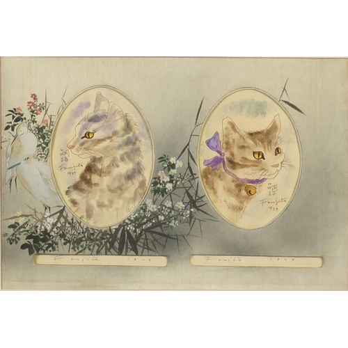 2103 - Attributed to Leonard Tsuguharu Foujita - Study of cats, two oval ink and watercolours, dated 1929, ... 