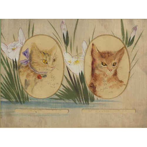 2104 - Attributed to Leonard Tsuguharu Foujita - Study of cats, two oval ink and watercolours, dated 1929, ... 