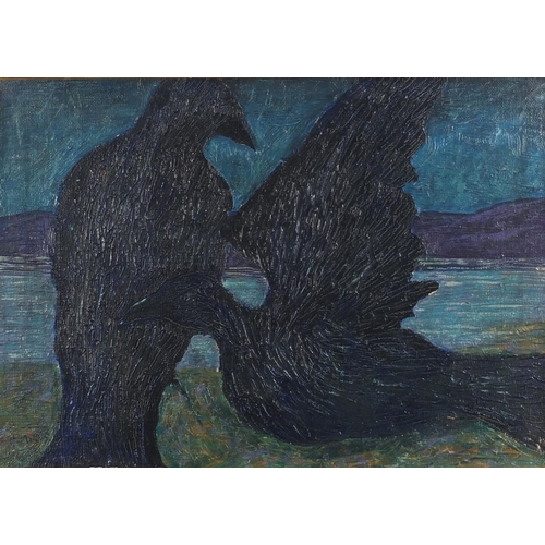 2535 - Two blackbirds, oil on canvas, bearing an indistinct signature possibly C Morris, mounted and framed... 