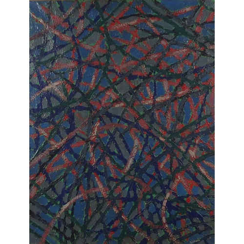 2052 - Abstract composition, oil on canvas, bearing an indistinct signature possibly Rupella, framed, 89cm ... 