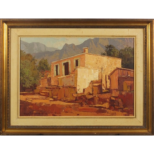 2369 - Hugh Stevenson - Continental villa, oil on board, mounted and framed, 49.5cm x 34.5cm