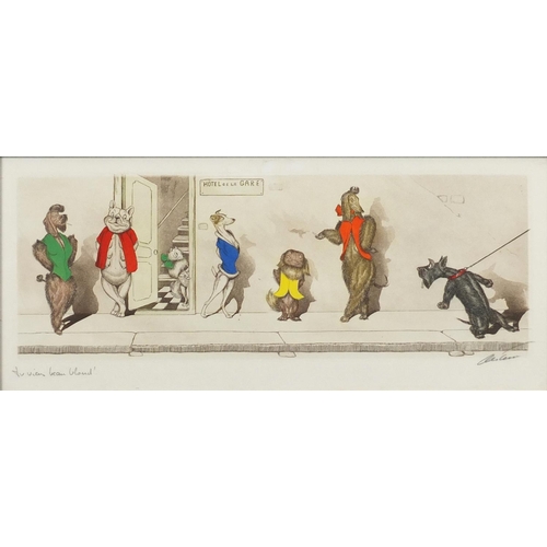2399 - Boris O'Klein - Comical dogs, pair of pencil signed prints in colour, framed, each 48cm x 20cm