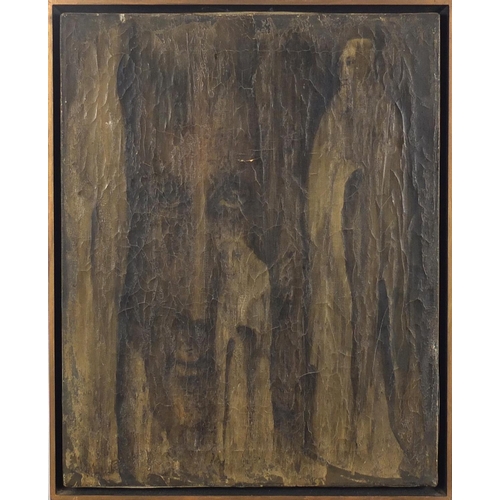 2366 - Warren Nontel - Surreal figures, monochrome oil on canvas, New York stamp verso, framed, 51cm x 41cm