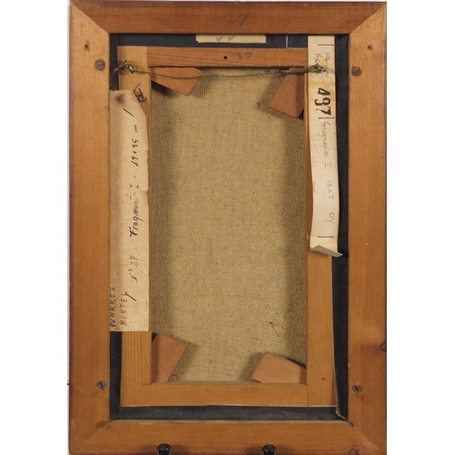 2367 - Warren Nontel - Fragment I, on canvas, inscribed labels verso, framed, 35cm x 19.5cm