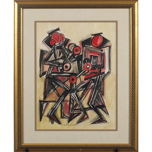 2372 - Two cubist figures, Russian school watercolour, bearing a Cyrillic signature, mounted and framed, 39... 