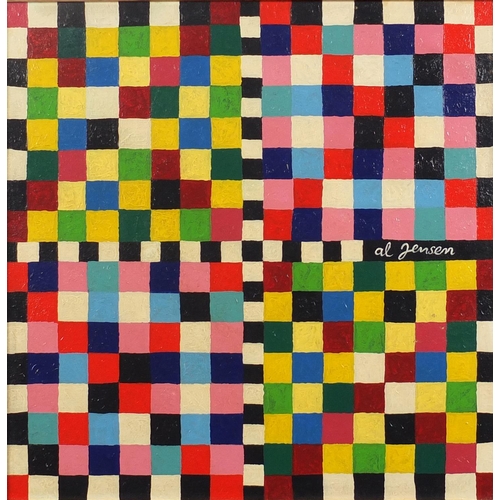 2322 - Abstract composition, coloured cubes, oil on board, bearing a signature Al Jensen, framed, 49cm x 49... 
