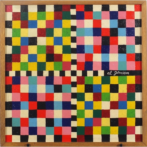 2322 - Abstract composition, coloured cubes, oil on board, bearing a signature Al Jensen, framed, 49cm x 49... 