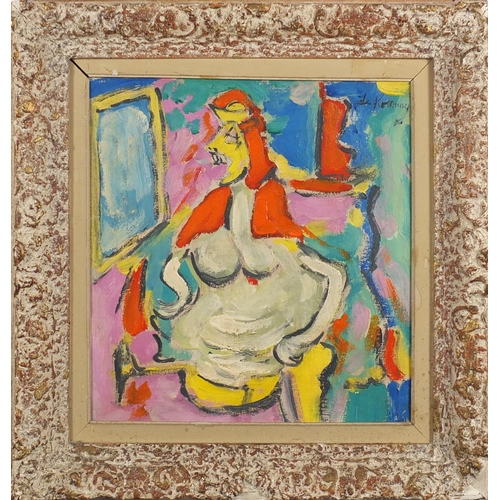 2365 - Abstract composition, nude figure, oil on canvas, bearing a signature possibly De Coning, mounted an... 