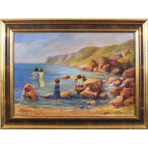 2440 - Manner of Thalia Flora-Caravia - Coastal scene with figures on rocks, oil on canvas, framed, 54cm x ... 