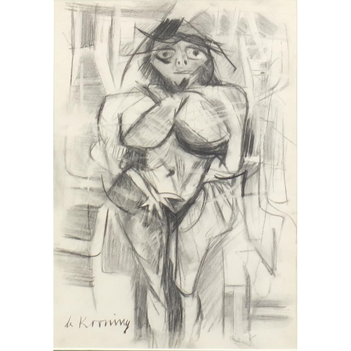 2370 - After Willem De Kooning - Portrait of a cubist figure, charcoal, mounted and framed, 34cm x 23cm