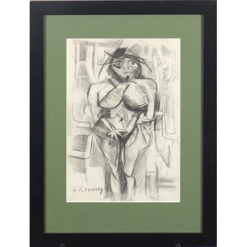 2370 - After Willem De Kooning - Portrait of a cubist figure, charcoal, mounted and framed, 34cm x 23cm